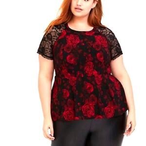 Torrid sz 6 red rose black floral lace sleeve blouse sz 6X new WT319